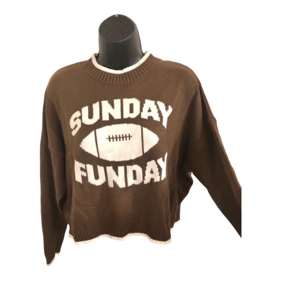 Jessica Simpson brown white trim crewneck Sunday Funday long sleeve sweater szXS - Picture 11 of 12